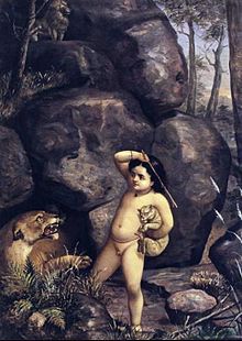 एक ठो लड़िका जे एक ठो कांख में शेर के बच्चा दबवले, दुसरा हाथ में डंडा ऊपर उठा के गुफा के मुंह पर खड़ा शेरनी के डेरवा रहल बा।