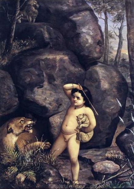 Dushyanta finds Bharata playing with lion cubs.