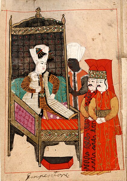 Ottoman Sultan Mehmed IV attended by a eunuch and two pages.