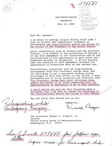 Reagan letter of July 13, 1985, beginning invocation of 25th Amendment