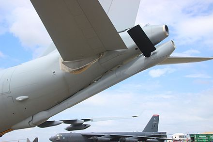 Centre refuelling boom under the tail of a RAAF KC-30A
