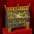 Champlevé gilt-copper reliquary in typical "chasse" shape with scenes from the story of Thomas Becket. Made in Spain, also a centre of medieval enamelling.