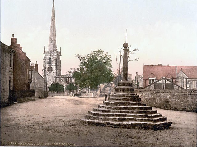 St Wystan's church and the cross in 1890