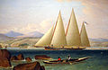 A three-masted Bermuda sloop of the Royal Navy, entering a West Indies port, in 1831.