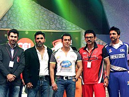 Brand Ambassador for Celebrity Cricket League From 2011 Salman Khan With Celebrities at a CCL match in 2012 Salman Khan and Vengatesh at CCL match, India.jpg