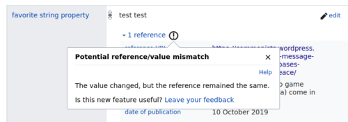 Screenshot of the first version of the mismatched reference notification