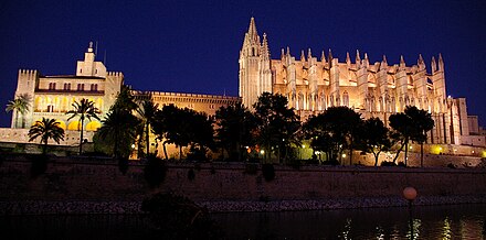 Night view of Palma's massive Gothic cathedral