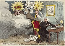 Smelling out a Rat;—or—The Atheistical-Revolutionist disturbed in his Midnight Calculations (1790) by Gillray, depicting a caricature of Burke holding a crown and a cross while the seated man Richard Price is writing On the Benefits of Anarchy Regicide Atheism beneath a picture of the execution of Charles I of England