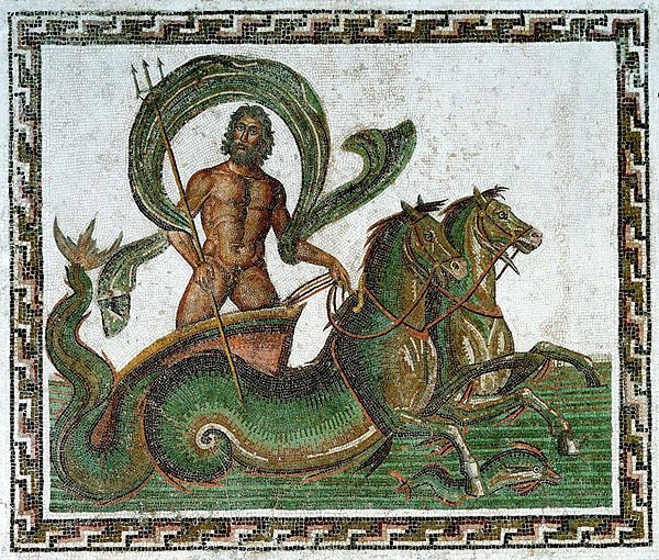 A velificans of Neptune in his seahorse-drawn triumphal chariot from the mid-3rd century AD - Sousse Archaeological Museum.