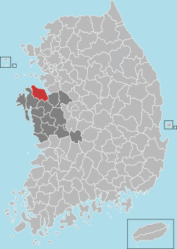 Dangjins läge i Södra Chungcheong och Sydkorea.