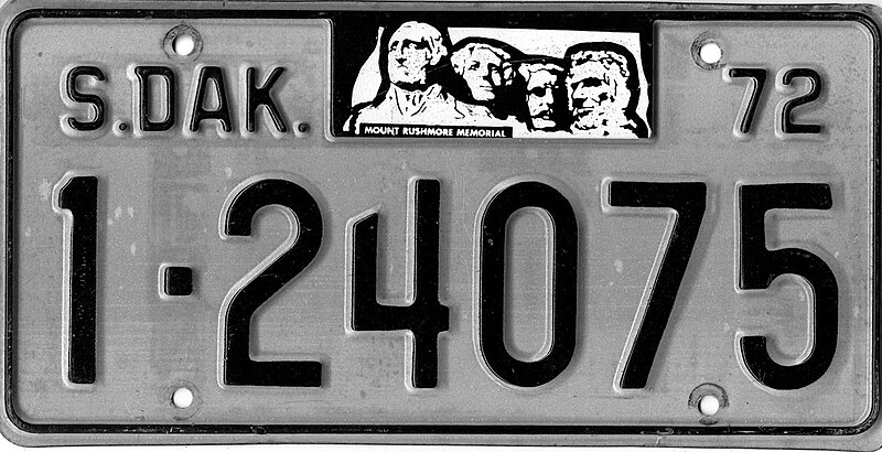 File:South Dakota 1972 license plate - Number 1-24075.jpg