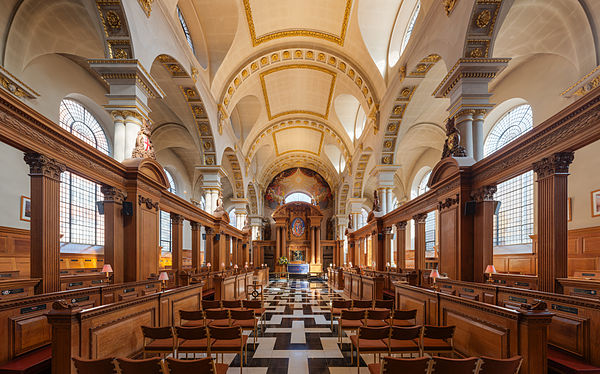 Interior of the church, as viewed from the nave looking east towards the altar.