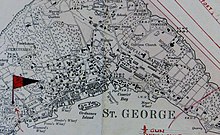 Detail from 1901 Ordnance Survey map of the Imperial fortress colony of Bermuda (showing St. George's Town and St. George's Garrison), compiled from surveys carried out between 1897 and 1899 by Lieutenant Arthur Johnson Savage, Royal Engineers. St George's Town and St George's Garrison , Bermuda OS Map Lieut AJ Savage 1901.jpg