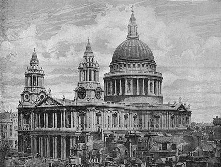 St Paul's Cathedral (pictured 1896) dominated the skyline of the City for centuries — its current structure by Christopher Wren was completed in 1706, after its medieval predecessor burned with much of the City in the Great Fire of 1666.