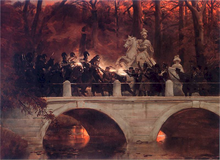 Russian forces clashing with Polish revolutionaries in Warsaw's Lazienki Park Starcie belwederczykow z kirasjerami rosyjskimi na moscie w Lazienkach.png