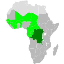 Map of Africa with OHADA member states in green. Other states of sub-Saharan Africa are dark gray. The Democratic Republic of Congo, member state since 2012, is ir dark green. SubSaharanAfrica-OHADA.svg