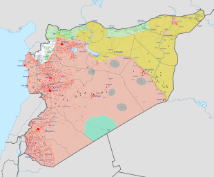 Mapa aktuálního rozložení vojenských sil v Sýrii (zelená barva – území pod kontrolou syrských rebelů, bílá – území ovládané Frontou an-Nusrá).