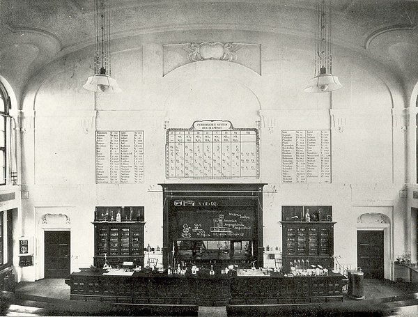 Lecture hall in the former Institute of Chemistry in 1909. An early version of the periodic table can be seen on the wall.