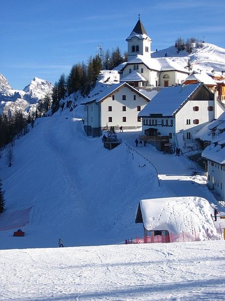 You can hit the slopes right after you step out of the church on the top of Mt. Lussari.