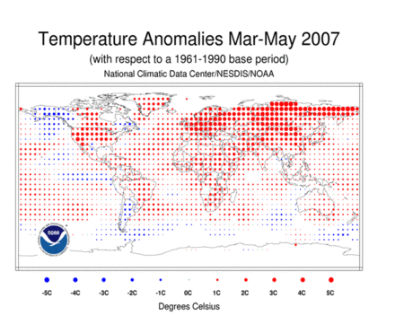 Temperature anomalies, March to May 2007