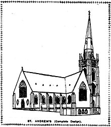 Stombuco's original design included a tower and spire, which were never built The original design (never completed) of St Andrew's Anglican Church, South Brisbane.jpg