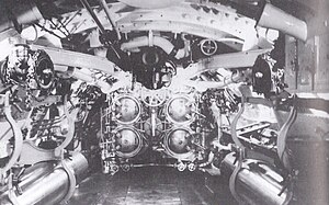 The torpedo room of USS H-5 in 1919. The breeches of the four 18-inch (457 mm) torpedo tubes are at center. Torpedo room USS H-5.jpg