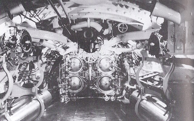 The torpedo room of USS H-5 in 1919. The breeches of the four 18-inch (457 mm) torpedo tubes are at center.