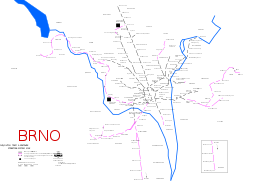 Schéma tramvajových tratí v Brně v roce 2020