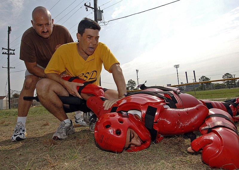 File:US Navy 070720-N-1045B-118 Operations Specialist 1st Class Dennis Marholz apprehends a mock suspect after being hit with pepper spray while Aviation Electronic Technician 1st Class Pete Ingram keeps close watch.jpg