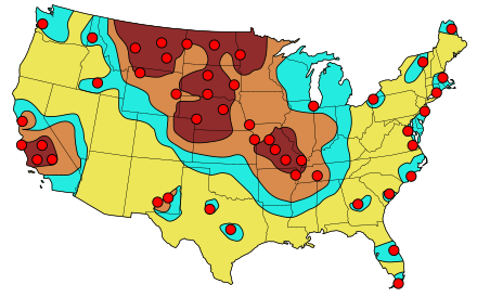 FEMA-estimated primary targets for Soviet ICBMs during the height of the Cold War. US nuclear strike map.svg