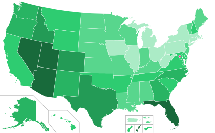 The population growth of each U.S. state from 1970 to 2020.
.mw-parser-output .legend{page-break-inside:avoid;break-inside:avoid-column}.mw-parser-output .legend-color{display:inline-block;min-width:1.25em;height:1.25em;line-height:1.25;margin:1px 0;text-align:center;border:1px solid black;background-color:transparent;color:black}.mw-parser-output .legend-text{}
Population decline
Population growth of less than 24.99%
Population growth of less than 49.99%
Population growth of less than 99.99%
Population growth of less than 149.99%
Population growth of less than 199.99%
Population growth of more than 200.00% USpopgrowth1970-2020.svg