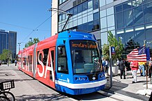 A prototype streetcar built by United Streetcar, at its unveiling in Portland in July 2009 United Streetcar 10T3 prototype for Portland.jpg