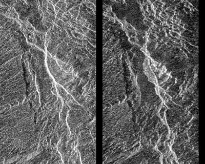 Before and after radar images of a landslide on Venus. In the center of the image on the right, the new landslide, a bright, flow-like area, can be seen extending to the left of a bright fracture. 1990 image.