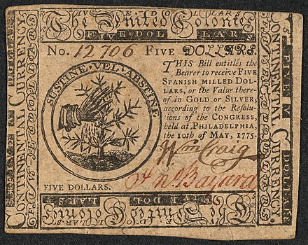 A five dollar banknote issued by the Second Continental Congress in 1775