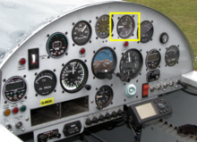 The VSI in this Van's Aircraft RV-4 light aircraft is within the yellow rectangle. Vertical speed indicator in airplane instrument panel.png