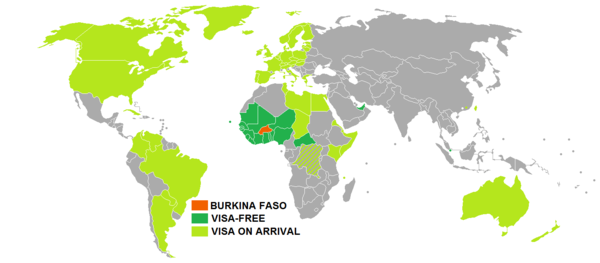 A map showing the visa requirements of Burkina Faso