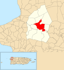 Voladoras'ın Moca belediyesi içinde kırmızıyla gösterilen konumu