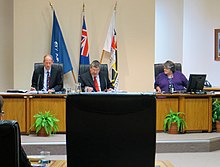 Waikato mayor (centre) in 2013 Waikato District Council chamber.jpg