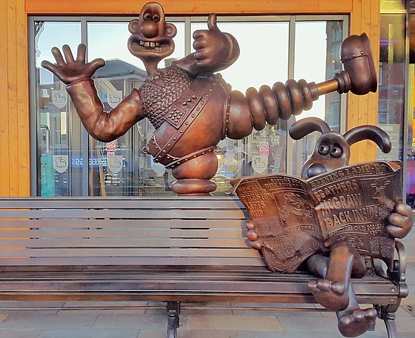 Wallace and Gromit bronze sculpture at the Market Hall in Preston, Lancashire, Park's home town.