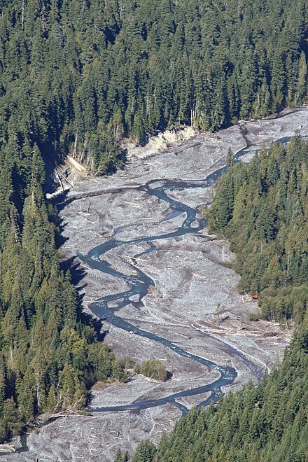 The White River in the U.S. state of Washington transports a large sediment load from the Emmons Glacier of Mount Rainier, a young, rapidly eroding volcano.