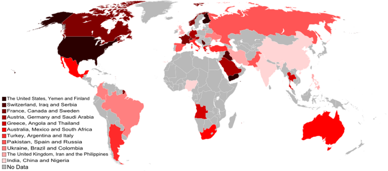 File:World map of countries by number of guns per residents.png