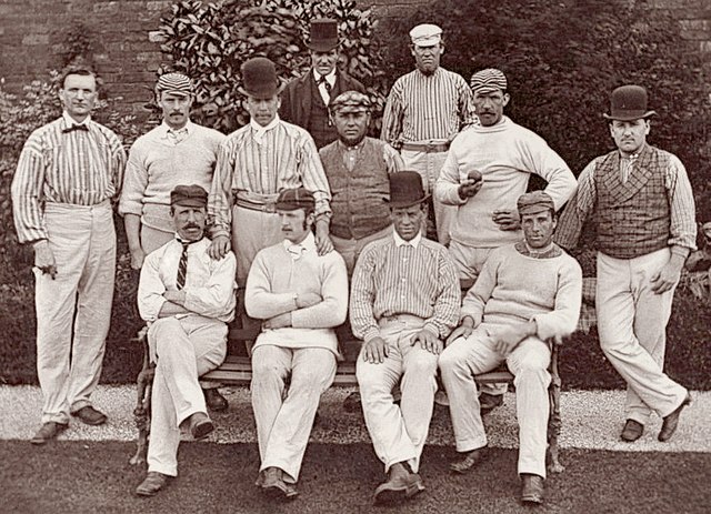 The Yorkshire team in 1875 was captained by Joseph Rowbotham. Back row: G. Martin (umpire), John Thewlis. Middle row: George Pinder, George Ulyett, To