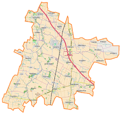 Mapa konturowa gminy Żórawina, blisko centrum na lewo u góry znajduje się punkt z opisem „Radiowo-Telewizyjny Ośrodek Nadawczy Żórawina”
