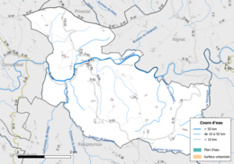 Carte en couleur présentant le réseau hydrographique de la commune