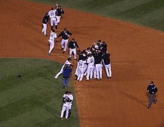 The White Sox celebrate after winning a tie-breaker game against the Minnesota Twins for a spot in the 2008 playoffs. 2008 MLB AL Central Tiebreaker Celebration.JPG
