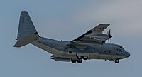 A United States Marine Corps KC-130J, registration number 169535, on final approach at Kadena Air Base in Okinawa, Japan. The aircraft belongs to VMGR-152 at Marine Corps Air Station Iwakuni.