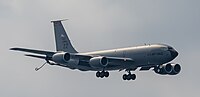 A KC-135R Stratotanker, tail number 62-3565, on final approach at Kadena Air Base in Okinawa, Japan in March 2020. It is assigned to the 909th Air Refueling Squadron at Kadena AB.