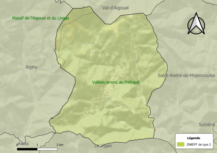 Carte des ZNIEFF de type 2 sur la commune.