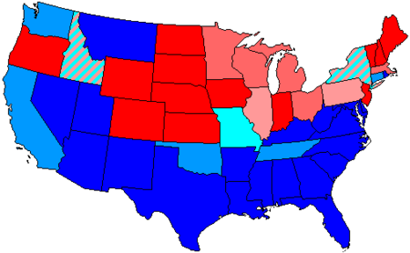 House seats by party holding plurality in state
.mw-parser-output .legend{page-break-inside:avoid;break-inside:avoid-column}.mw-parser-output .legend-color{display:inline-block;min-width:1.25em;height:1.25em;line-height:1.25;margin:1px 0;text-align:center;border:1px solid black;background-color:transparent;color:black}.mw-parser-output .legend-text{}
80+% Republican
80+% Democratic
60+% to 80% Republican
60+% to 80% Democratic
Up to 60% Republican
Up to 60% Democratic
Striped: Even split 79 us house membership.png