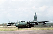 An HC-130 taxiing on the runway at Chittagong, 30 April 1991 after arrival to support Operation Sea Angel 910430-F-1111G-001 17SOS HC-130 at Chittagong.jpg